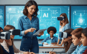 AI made photo of teacher with students using Virtual reality glasses